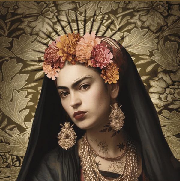 illustration baroque de Frida Kahlo imprimée sur velours. décoration murale et coussins.